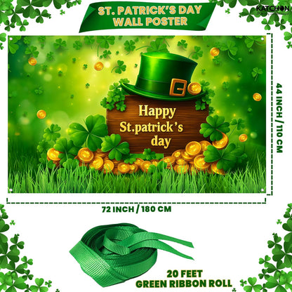Happy St Patrick's Day Banner - 72x44 Inch | St Patricks Day Backdrop for Photography | Happy St Patricks Day Decorations Banners | Shamrock Decorations | St Patricks Day Decor Banner wall poster