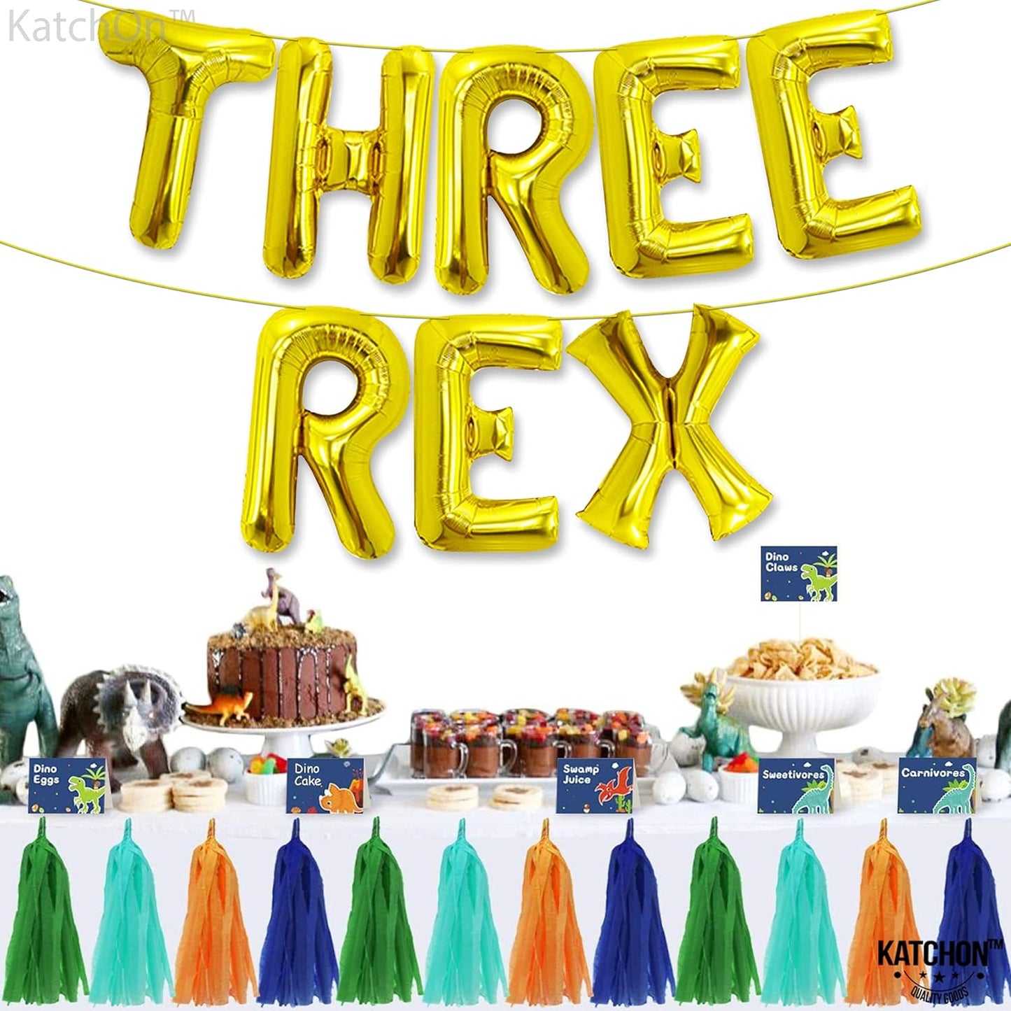 KatchOn, Gold Three Rex Balloons - 16 Inch | Gold Three Rex Birthday Party Decorations | Dinosaur Balloon, 3 Rex Birthday Decorations | Dinosaur Birthday Party Supplies | Dinosaur Party Decorations