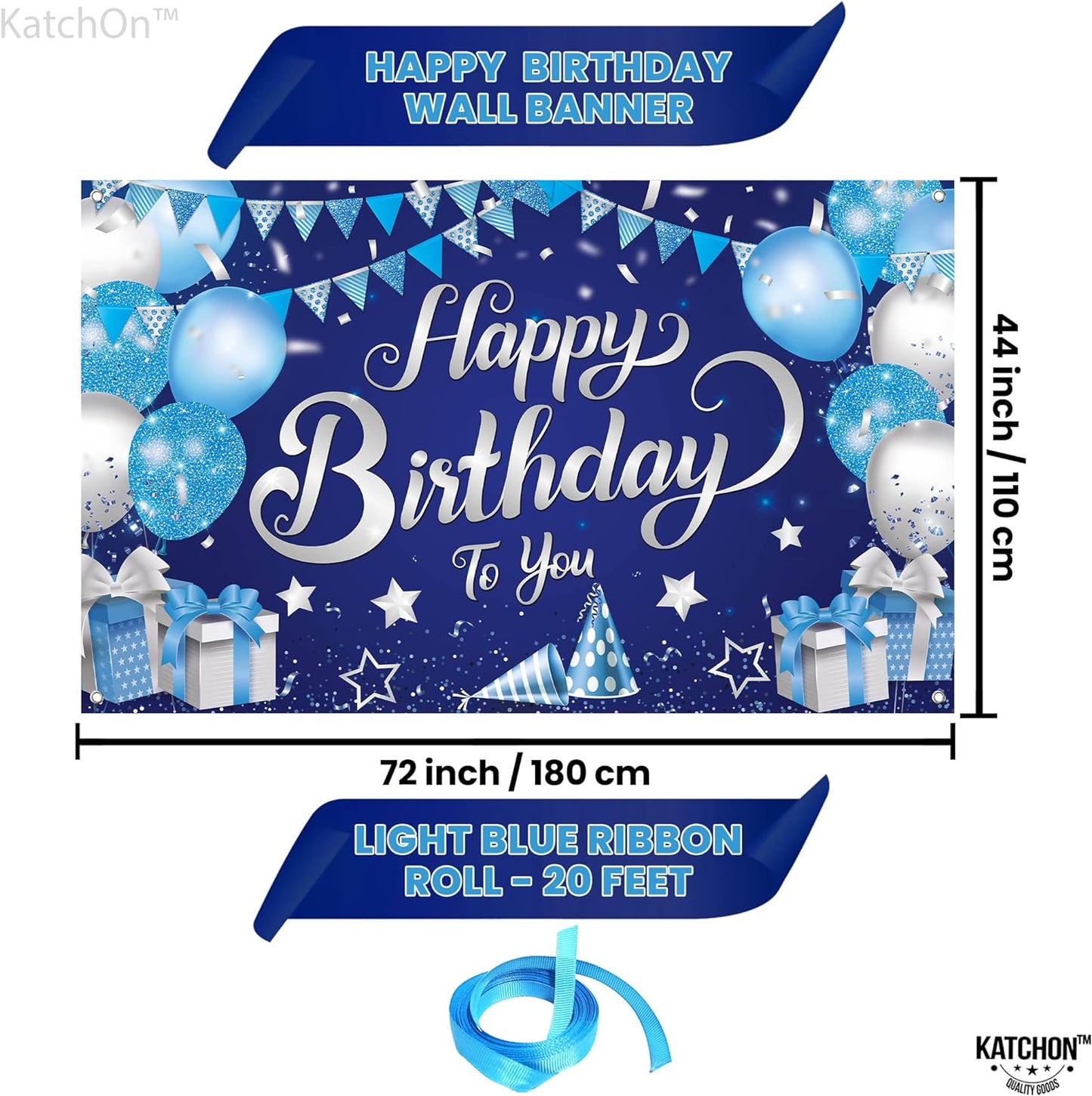 KatchOn, Silver and Blue Happy Birthday Backdrop - XtraLarge, 72x44 Inch | Happy Birthday Banner for Men | Blue Birthday Banner, Happy Birthday Decorations for Men | Blue Birthday Backdrop for Girls