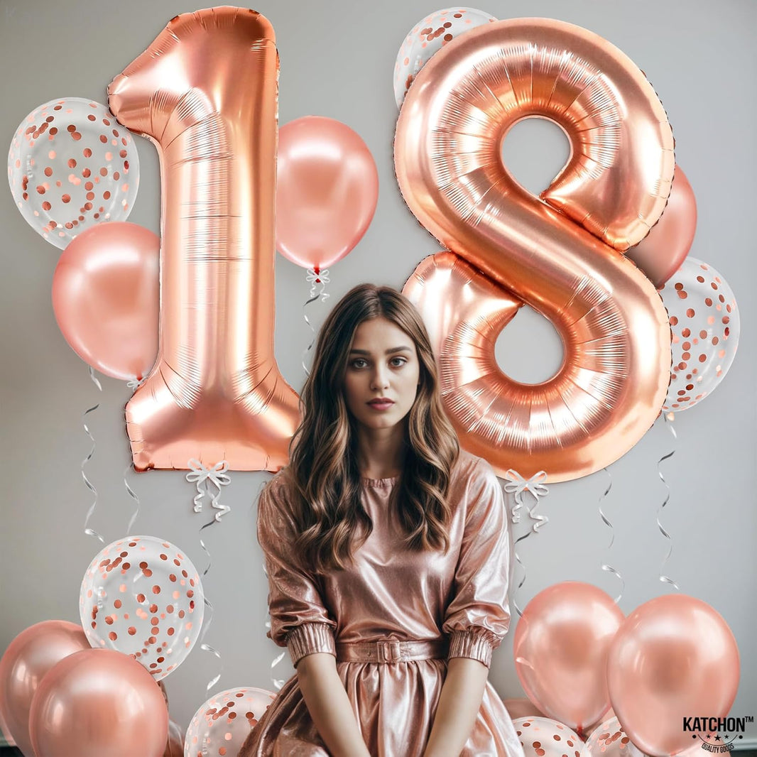 KatchOn, Rose Gold 18 Balloon Numbers - 40 Inch | 18th Birthday Balloons with Confetti Balloons | Rose Gold 18th Birthday Decorations for Girls | 18th Balloon Numbers, Happy 18th birthday Decorations