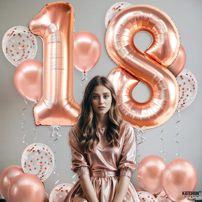 KatchOn, Rose Gold 18 Balloon Numbers - 40 Inch | 18th Birthday Balloons with Confetti Balloons | Rose Gold 18th Birthday Decorations for Girls | 18th Balloon Numbers, Happy 18th birthday Decorations