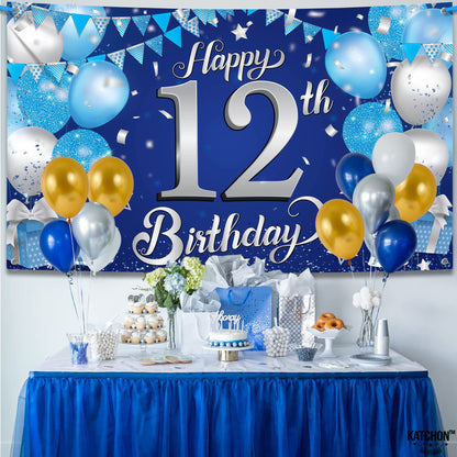 KatchOn, Blue Happy 12th Birthday Banner - 72x44 Inch, Big | Blue and Silver Happy Birthday Backdrop | Birthday Decorations for Men | Happy Bday Banner for 12th Birthday Party Decorations