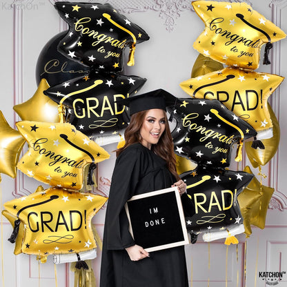 Graduation Decorations 2026 | Black and Gold Graduation Cap Balloon - Big, 32 Inch, Pack of 4 | Congrats Grad Balloons | Graduation Balloons Class of 2026, Graduation Hat Balloons, KatchOn