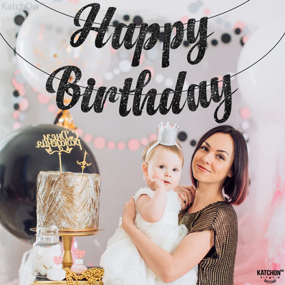 KatchOn, Glitter Black Happy Birthday Banner - Pre-Strung, 10 Feet |  Birthday Decorations for Men, Women | Happy Birthday Banner Backdrop For Black Party Decorations, Halloween Decorations