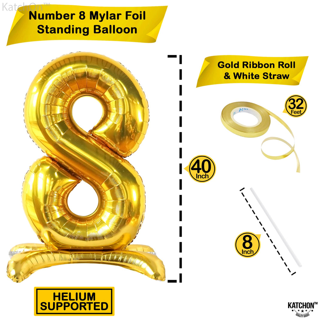 KatchOn, Gold Self Standing Number 8 Balloon - 40 Inch | 8th Birthday Balloon for 8th Birthday Decorations Boy | Golden 8 Year Old Girl Birthday Decorations | Gold 8 Number Anniversary