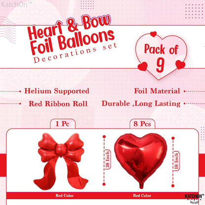 KatchOn Red Heart & Bow Foil Balloons Set, Pack of 9 | Valentines Day Decorations Party | Heart Shaped Balloons Red Bow Balloons | Valentine Decorations | Valentines Day Balloons