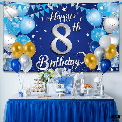 KatchOn, XtraLarge Silver and Blue Happy 8th Birthday Banner - 72x44 Inch | 8th Backdrop for Happy Birthday Decorations | Blue and Silver Party Decorations