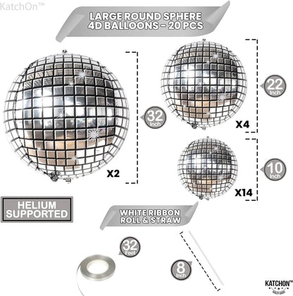 KatchOn, Large Silver Disco Ball Balloons - 32 Inch, Pack of 20 | Disco Balloons, Disco Party Decorations | Disco Ball Balloon for 70s Party Decorations | Last Disco Bachelorette Party Decorations