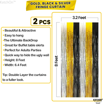 KatchOn, XtraLarge Silver Black and Gold Backdrop - 3.2x8 Ft, Pack of 2 | Black Gold and Silver Party Decorations | Fringe Backdrop for Anniversary, Bachelorette, Engagement, Birthday Decorations
