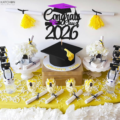 Graduation Decorations 2026, Glitter Graduation Cake Topper 2026 - Congrats Grad Cake Topper | Dessert Topper Class of 2026 | Purple, Black Grad Decorations Class of 2026 - KatchOn