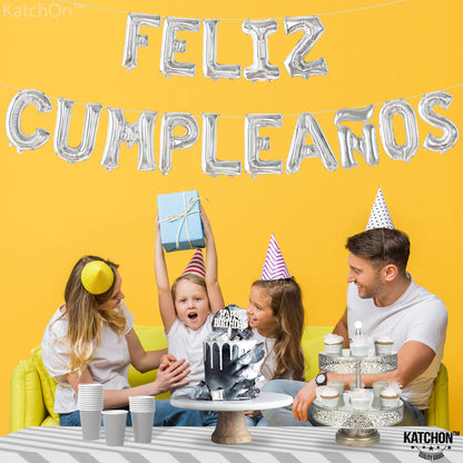KatchOn, Silver Feliz Cumpleanos Balloons Banner - 16 Inch | Silver Feliz Cumpleanos Banner for Feliz Cumpleanos Decorations | Mylar Happy Birthday Balloon Letters for Spanish Birthday Decoration
