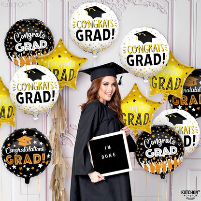 KatchOn, Congrats Grad Balloon Set - 18 Inch, Pack of 12 | Congrats Grad Balloons for Graduation Decorations 2026, Black and Gold Graduation Balloons, Congrats Grad Decorations, Grad Party Décor