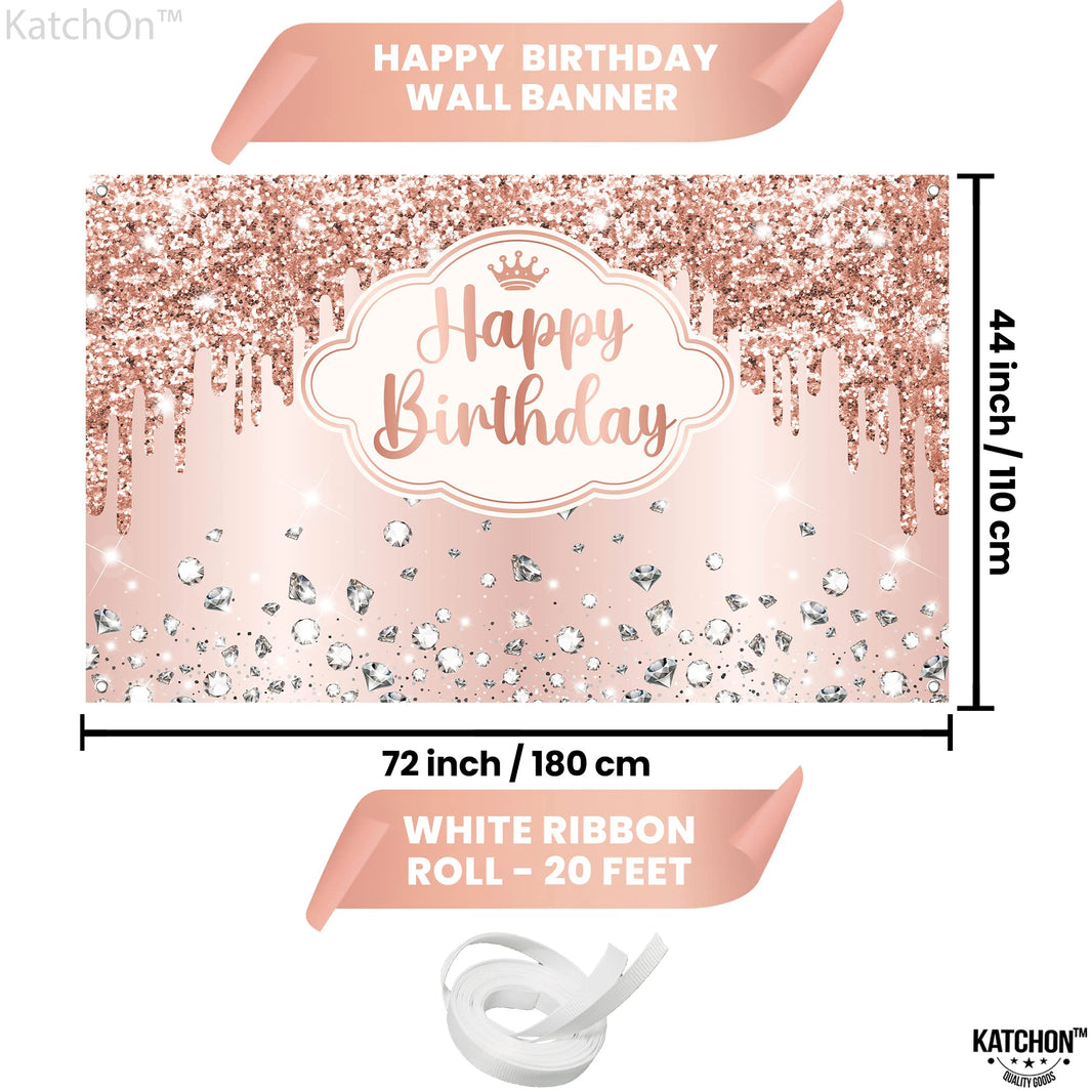 KatchOn, XtraLarge Rose Gold Happy Birthday Banner - 72x44 Inch | Birthday Decorations for Women, Girls | Backdrop Banner For Rose Gold Party Decorations | Princess Party Decorations