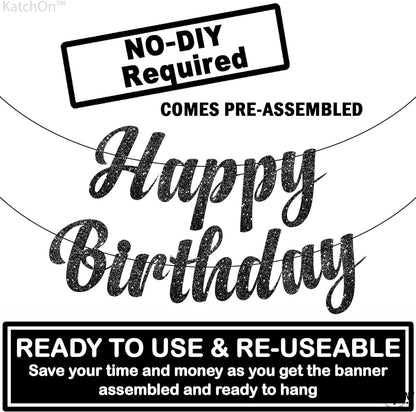 Katchon, Glitter Black Happy Birthday Banner - 10 Feet, Pre-Strung, No DIY | Birthday Banners for Adults, Black Happy Birthday Sign for Girls | Happy Birthday Sign for Happy Birthday Decorations