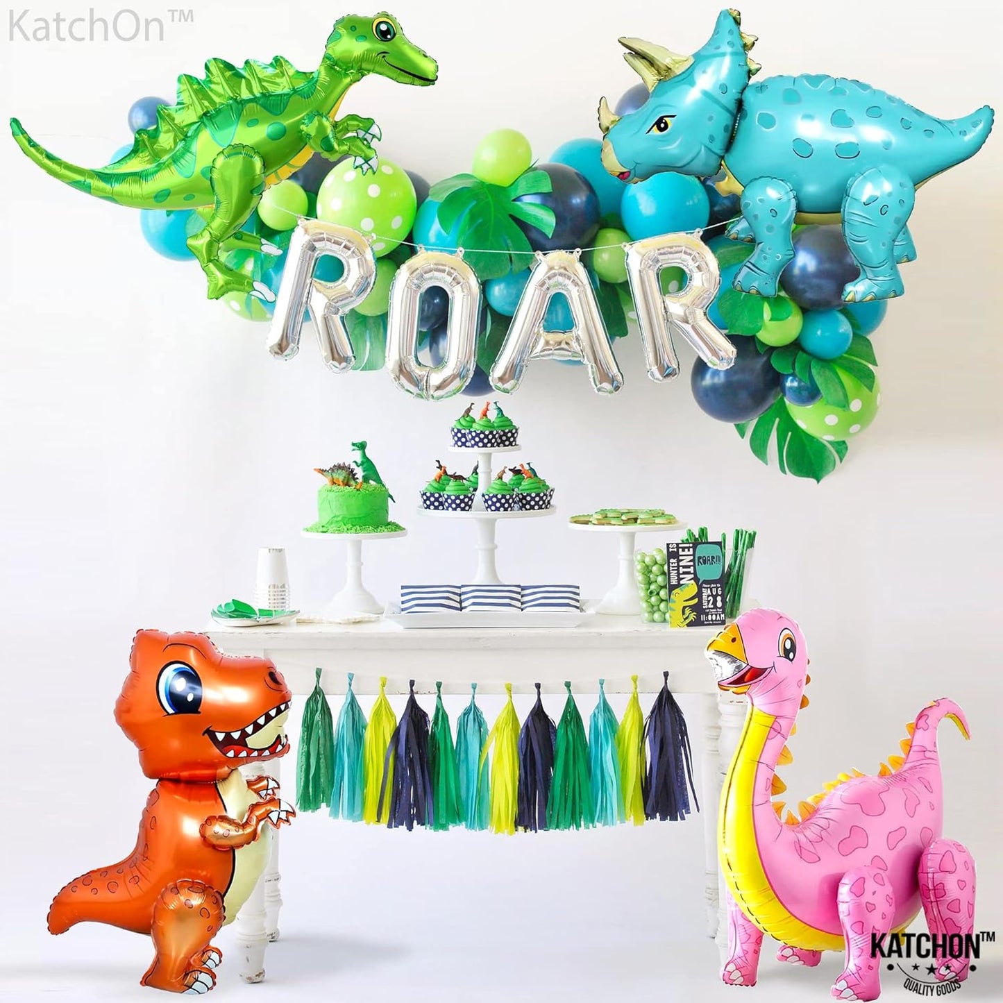 KatchOn, Large Dinosaur Balloons for Birthday Party - Pack of 4, Dinosaur Balloon | Dino Balloons for Dinosaur Party Decorations | Dinosaur Birthday Party Supplies | Girl Dinosaur Party Supplies