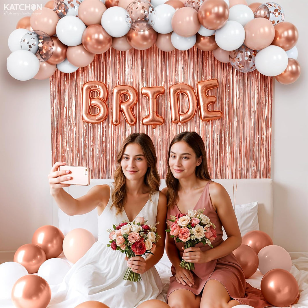 KatchOn, Rose Gold Party Decorations Set – Big, Pack of 52 | Rose Gold Fringe Backdrop with Latex & Confetti Balloons for Birthday, Wedding, Anniversary, Bridal Shower, Bachelorette Party Decorations