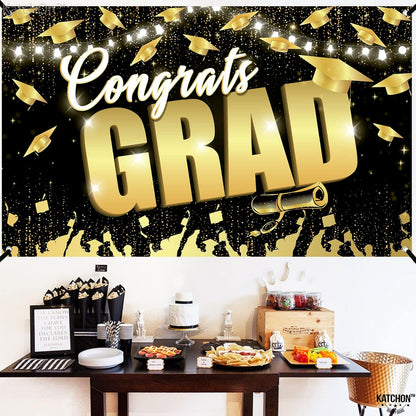 KatchOn, Congrats Grad Backdrop - XtraLarge, 72x44 Inch | Black and Gold Graduation Backdrop 2026 for 2026 Graduation Decorations | Congrats Grad Banner, 2026 Graduation Party Decorations