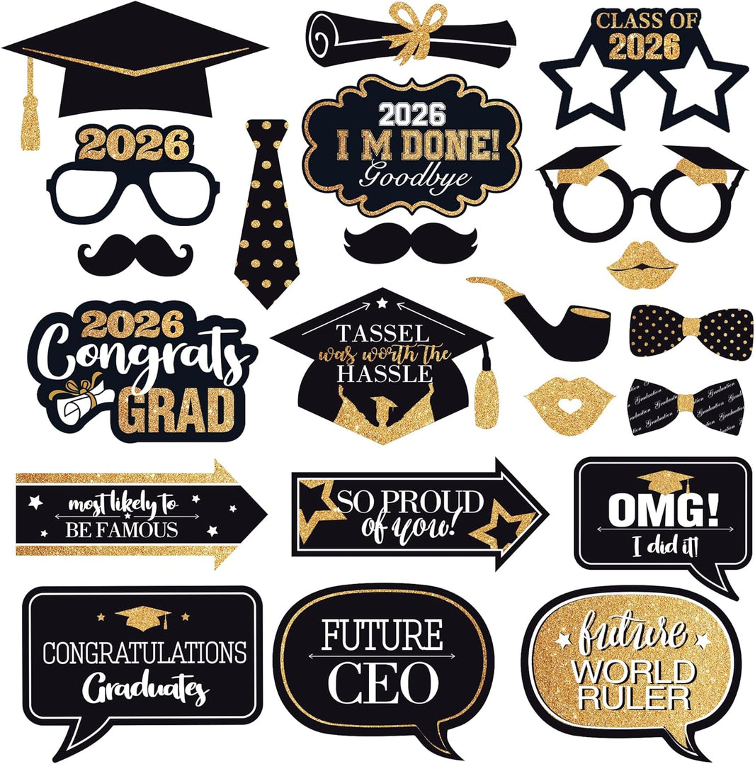 KatchOn, Graduation Photo Booth Props 2026 - Pack of 22 | Black and Gold Graduation Photo Props | Graduation Decorations 2026, Graduation Props For Congrats Grad Decorations, Class Of 2026 Decorations