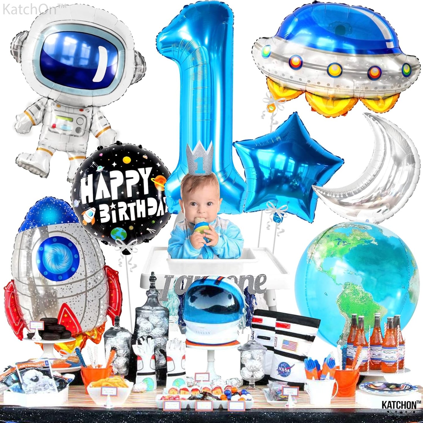 KatchOn, Giant Space Balloons First Birthday Set - 40 Inch, Pack of 8 | First Trip Around The Sun Balloons | Number 1 Balloon, Space Birthday Balloons for 1st Trip Around The Sun Birthday Decorations