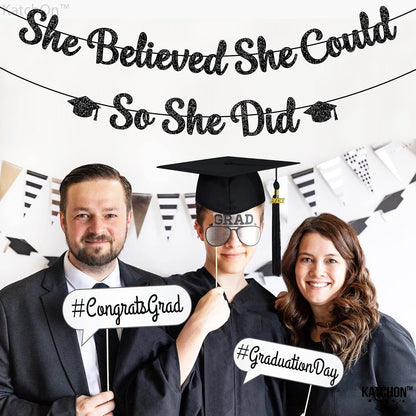 KatchOn, She Believed She Could So She Did Banner - Glitter, 10 Feet, No DIY | Black Grad Banner for Graduation Decorations 2026 | Medical College Graduation Party Decorations 2026