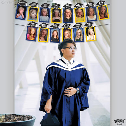 Graduation Decorations 2026 | Felt K-12 Graduation Photo Banner 5x7 - Large, 10 Feet | Kindergarten to 12th Grade for Junior/Middle, High/Senior | Yellow and Blue Grad Party Decorations 2026 | KatchOn
