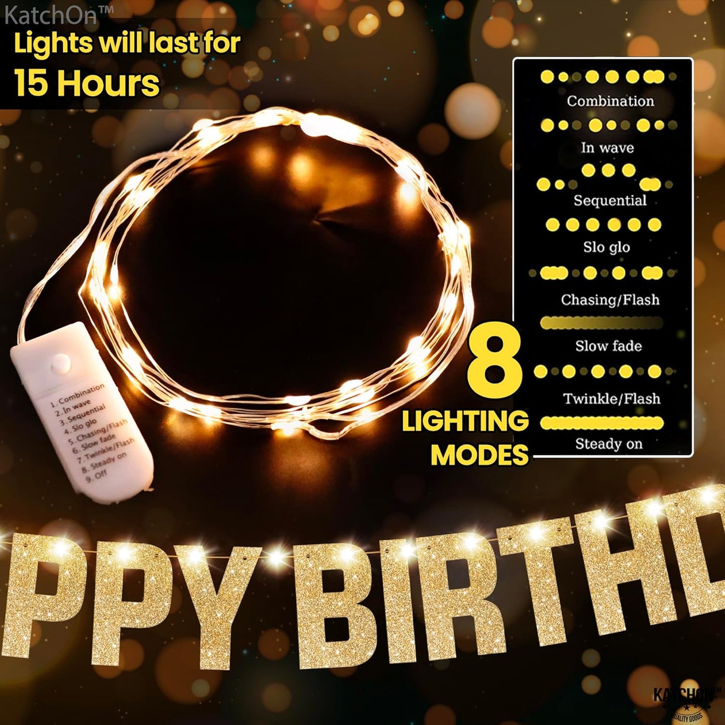 KatchOn, Light Up Happy Birthday Banner Prestrung - 10 Feet, 8 Modes | Happy Birthday Light Up Sign for Backdrop | Light Up Birthday Banner for Happy Birthday Decorations | Gold Happy Birthday Sign