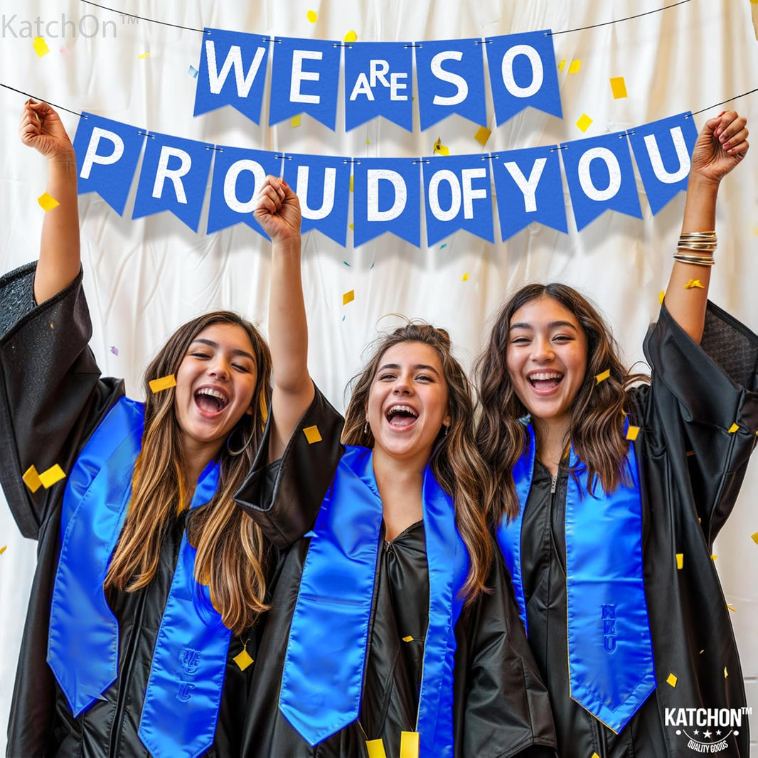 KatchOn, Felt We Are So Proud of You Banner - 10 Feet, No DIY | Blue White Congratulations Banner, Blue Graduation Decorations Class of 2024 | Congratulations Decor, Graduation Party Decorations 2024