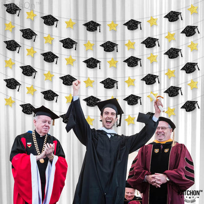 Graduation Decorations 2026, Graduation Cap Garland - 10 Feet, No DIY | Grad Garland Class of 2026, Black and Gold Grad Decorations 2026 | Grad Cap Decor for 2026 Graduation Decorations - KatchOn