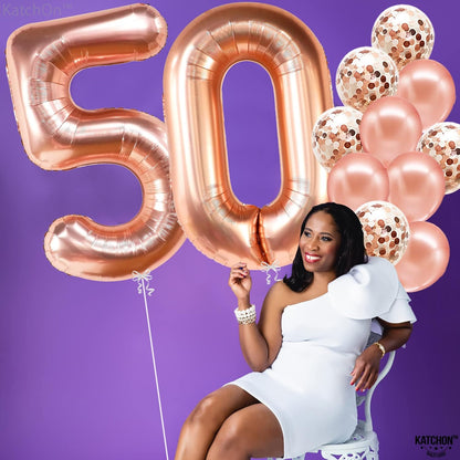 KatchOn, Giant Rose Gold 50th Birthday Balloons - 40 Inch | 50 Balloon Number, Confetti Balloons | 50 Balloon, 50 and Fabulous Birthday Decorations | 50th Anniversary Decorations
