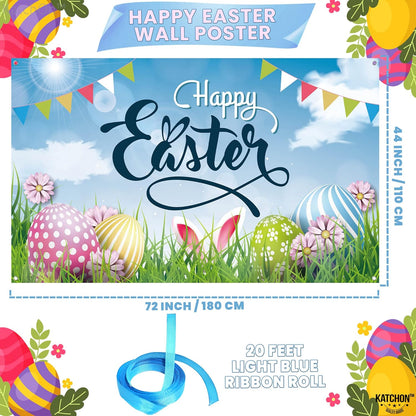 KatchOn, Large Happy Easter Backdrop - 72x44 Inch | Happy Easter Banner Decorations | Easter Decorations Backdrop | Easter Backdrops for Photography | Easter Party Decorations, Easter Wall Decorations