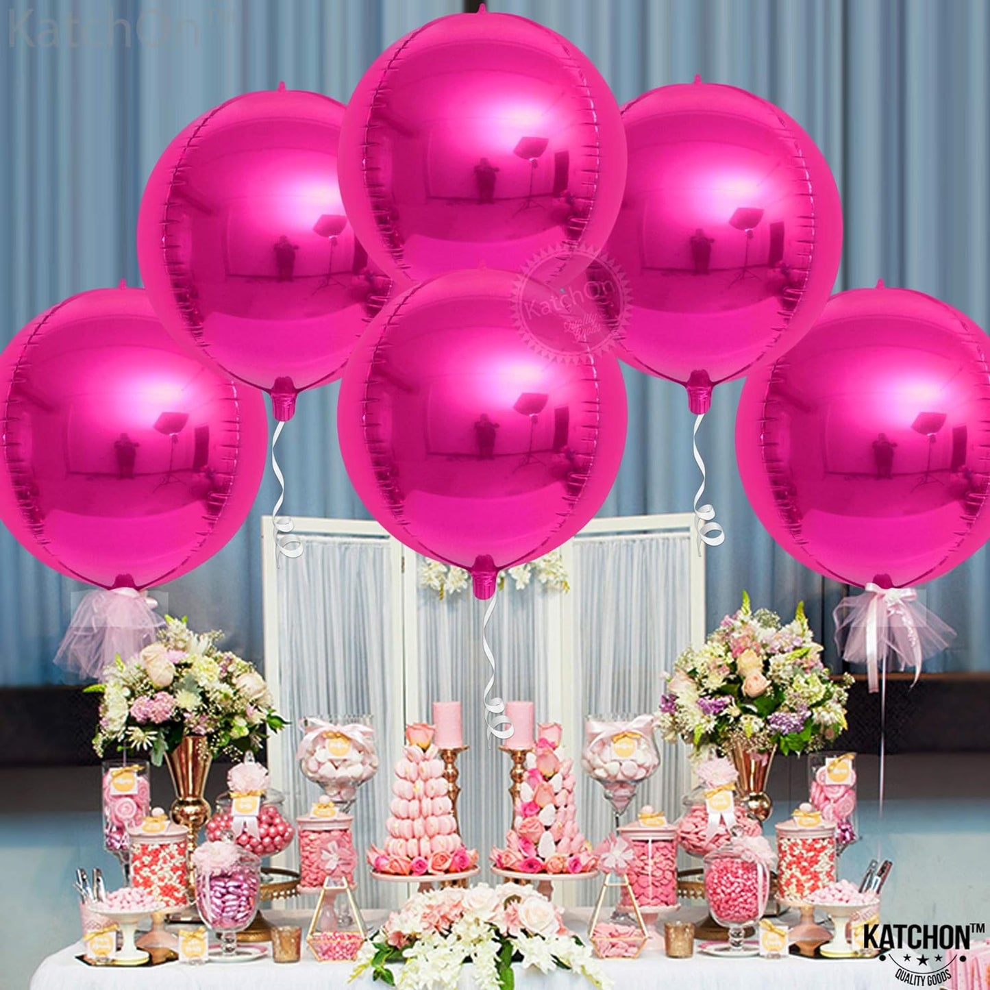 KatchOn, Big Hot Pink Balloons - 22 Inch, Pack of 6 | Hot Pink Foil Balloons for Hot Pink Party Decorations | 4D Sphere Metallic Pink Balloons, Hot Pink Birthday Decorations | Hot Pink Mylar Balloons