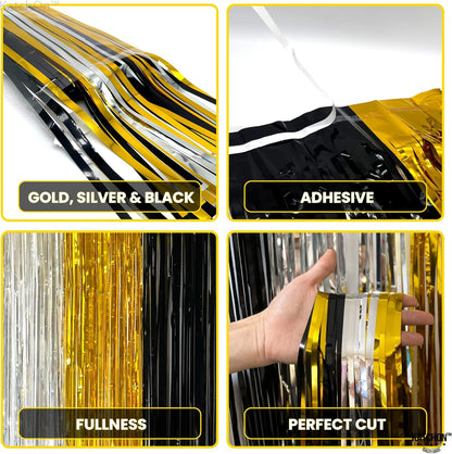 KatchOn, XtraLarge Silver Black and Gold Backdrop - 3.2x8 Ft, Pack of 2 | Black Gold and Silver Party Decorations | Fringe Backdrop for Anniversary, Bachelorette, Engagement, Birthday Decorations