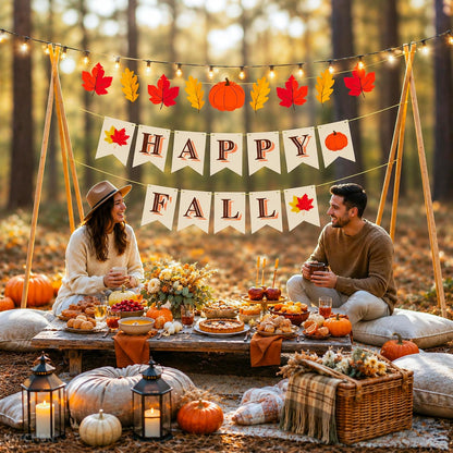 Happy Fall Banner, 3 strings - No DIY Required | Happy Fall Banner with Maple Leaves and Pumpkin for Fall Decor, Fall Decorations for Mantle Fireplace, Thanksgiving Banner - KatchOn