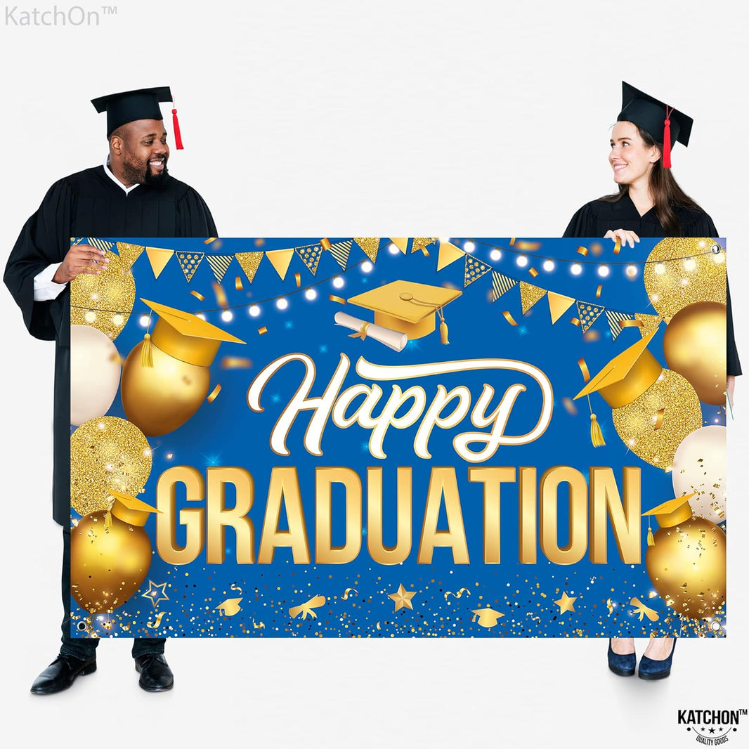 Katchon, Happy Graduation Banner Gold and Blue - Xtralarge, 72x44 Inch | Graduation Backdrop 2026, Graduation Decorations Class of 2026 | Congratulations Banner for 2026 Graduation Party Decorations