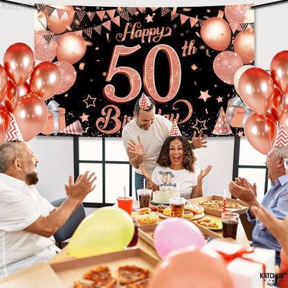 KatchOn, Rose Gold 50th Birthday Banner - XtraLarge, 72x44 Inch | Happy 50th Birthday Backdrop for Women | Rose Gold Happy 50th Birthday Banner for Women | 50 Year Old Birthday Decorations for Women