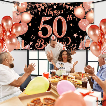 KatchOn, Rose Gold 50th Birthday Banner - XtraLarge 72x44 Inch | 50th Birthday Decorations For Women | Hbd Banner for Rose Gold Party Decorations
