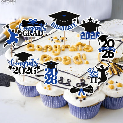 KatchOn, Blue and Black Graduation Cake Topper 2026 - Pack of 36 | Graduation Cupcake Toppers 2026 for Graduation Decorations 2026 | Graduation Decorations 2026, 2026 Graduation Cupcake Toppers