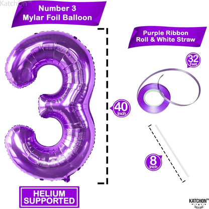 KatchOn, Giant Purple Number 3 Balloon - 40 Inch | Purple 3 Balloon Number, Purple Unicorn Birthday Decorations | 3 Purple Balloon | Number 3 Balloon Purple, Mermaid 3rd Birthday Decorations for Girls