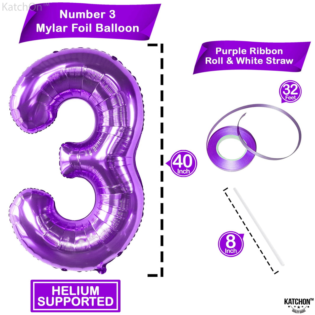 KatchOn, Giant Purple Number 3 Balloon - 40 Inch | 3rd Mylar Foil Balloon For Happy Birthday Decorations | 3rd Number Balloons For Mermaid Purple Party Happy Anniversary Decorations