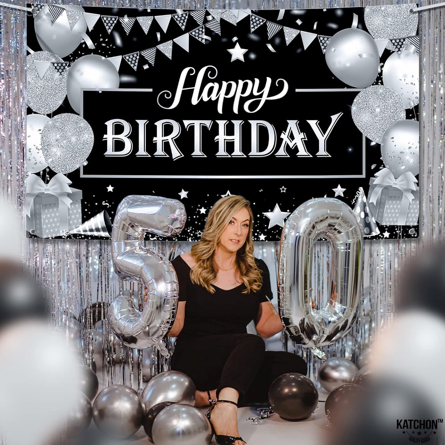 KatchOn, Black and Silver Happy Birthday Banner - 72x44 Inch | Black and Silver Birthday Banner for Men | Happy Birthday Backdrop for Happy Birthday Decorations | Black and Silver Birthday Decorations