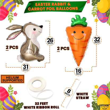 KatchOn, Huge Carrot and Bunny Easter Balloons - 32 Inch, Pack of 4 | Carrot Balloon, Bunny Balloon for Easter Decorations | Easter Mylar Balloons, Easter Party Decorations, Bunny Birthday Decorations