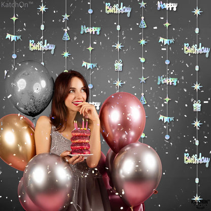 KatchOn, Iridescent Happy Birthday Garland Banner - 6.5 Feet, Pack of 8 | Silver Hanging Garland For Happy Birthday Decorations | Disco Theme Party Decorations | No DIY