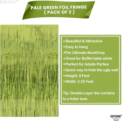 KatchOn, XtraLarge, Sage Green Foil Fringe Curtain - 6.4x8 Feet, Pack of 2 | Light Green Foil Fringe Curtain | Lime Green Backdrop for Frog Birthday Decorations | Sage Green Graduation Decorations