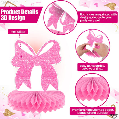 KatchOn, Pink Bow Party Honeycomb Centerpieces - Pack Of 12 | Coquette Birthday Decorations | Bow Birthday Table Centerpieces For Baby Shower Bachelorette Bridal Wedding Decorations | Pink Party Décor