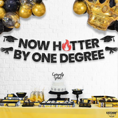 Katchon, Now Hotter By One Degree Banner - 10 Feet | Congrats Grad Banner | One Degree Hotter Decorations | Graduation Backdrop, 2026 Graduation Decorations | Glitter Black Graduation Banner