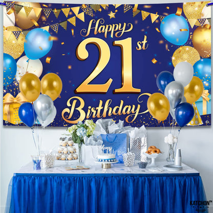 KatchOn, Blue and Gold Happy 21st Birthday Banner - XtraLarge, 72x44 Inch | Blue and Gold Backcrop Banner for 21st Happy Birthday Decorations  | 21 Party Decorations for Girl