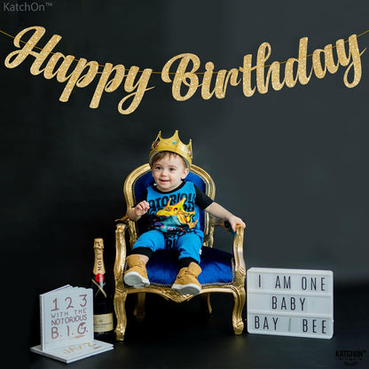 KatchOn, Glitter Gold Happy Birthday Banner Prestrung - 10 Feet, NO DIY | Gold Happy Birthday Sign | Glitter Gold Birthday Banner for Gold Birthday Decorations | Happy Birthday Decorations for Women