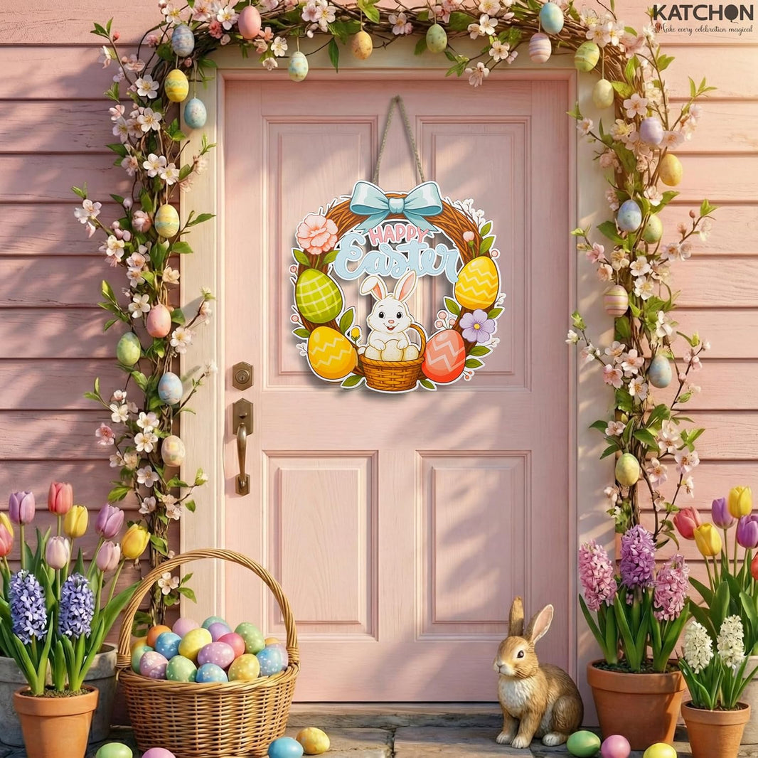 katchon happy easter door sign 12 4 inch wooden easter door decorations easter decorations for home spring decorations bunny door decor welcome hanging for home window wall