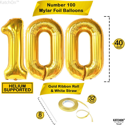 KatchOn, Giant Gold 100 Balloon Number - 40 Inch | Gold 100 Balloons for 100th Birthday Decorations | 100K Balloons for Social Media | Gold 100th Birthday Balloons | Gold 100 Birthday Party Supplies