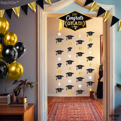 KatchOn, Black and Gold Graduation Cap Garland - Pack of 2, No DIY | Congrats Grad Garlands for Grad Cap Decorations | Grad Party Decorations 2026 | Graduation Decorations 2026